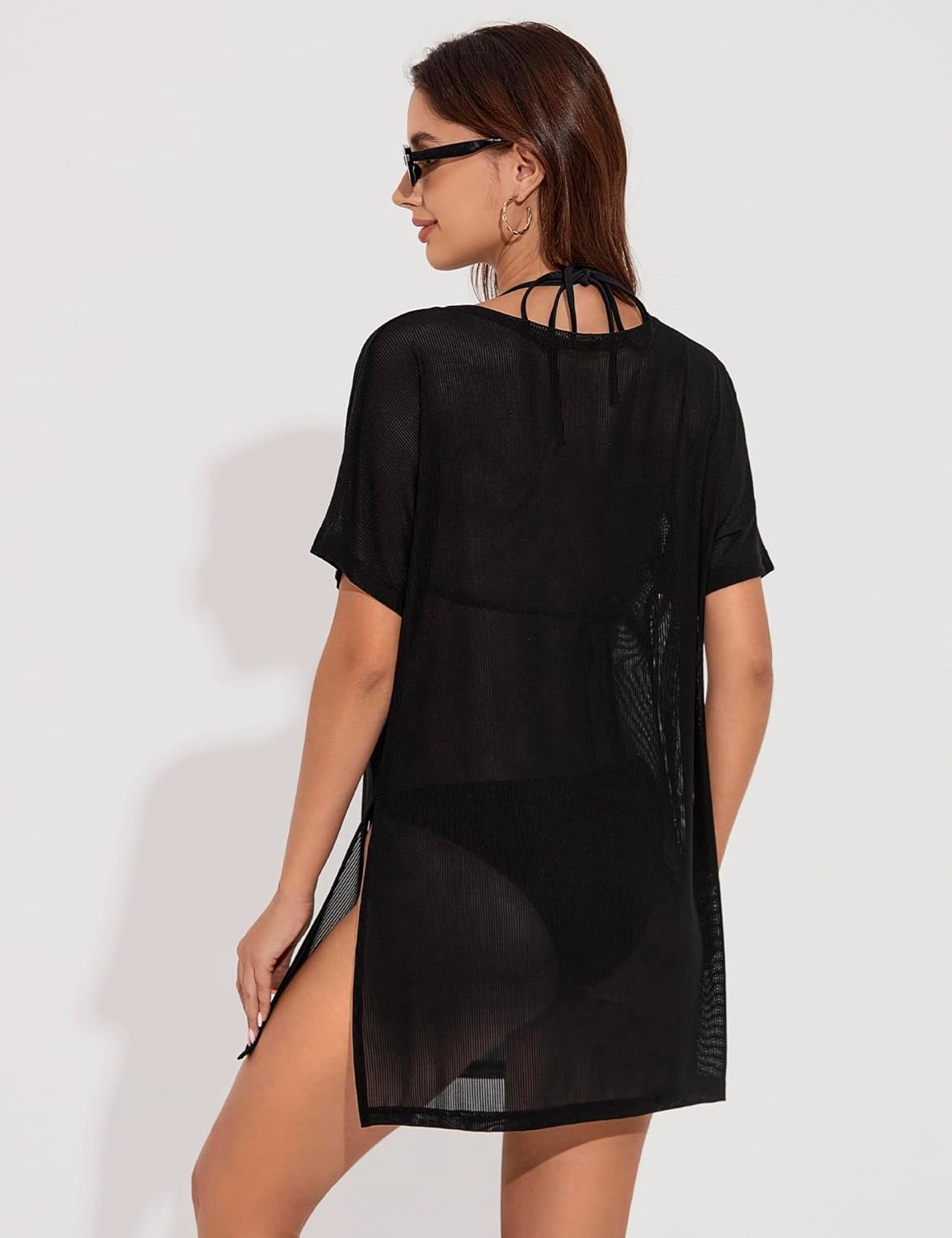 Women's Mesh Sheer Swimsuit Cover up Side Slit Tie Short Sleeve Beach Skirt Multi-Way Wear Bikini Swim Coverup
