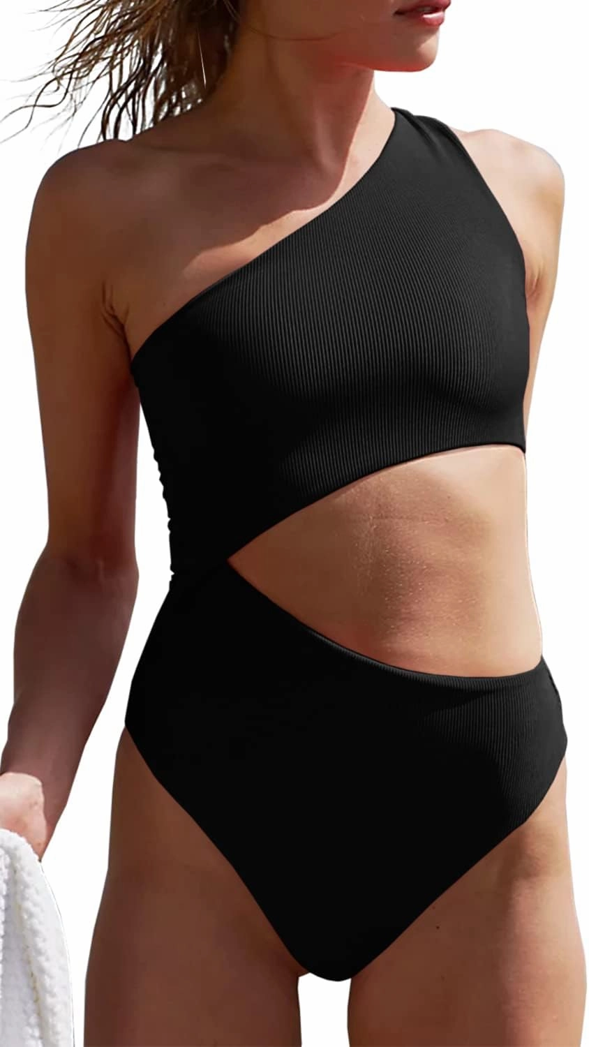 Women's One Piece Ribbed Swimsuit One Shoulder Cutout Swimwear Sexy Bathing Suit