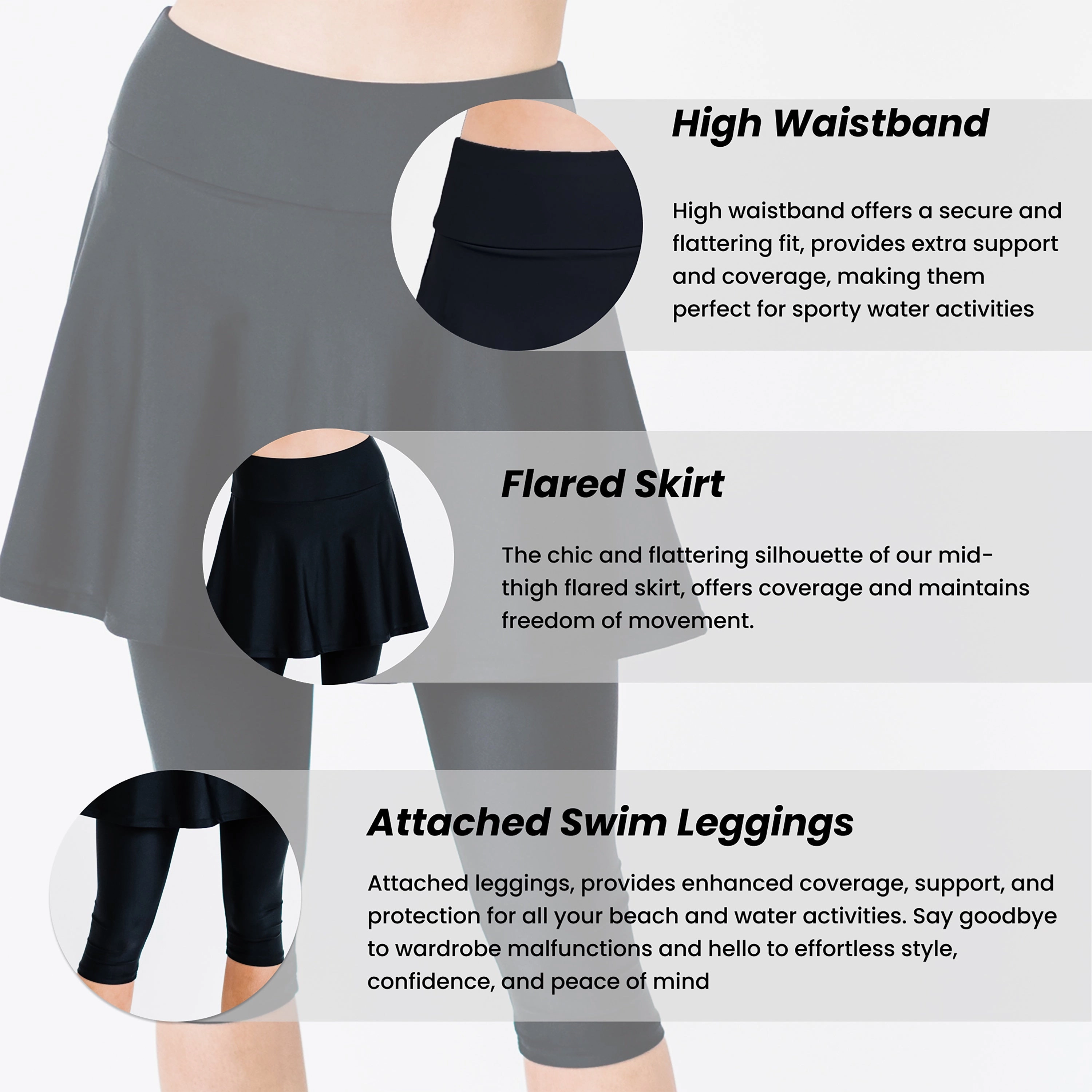 Women's Plus High Waisted Flared Swim Skort With attched Capri Leggings