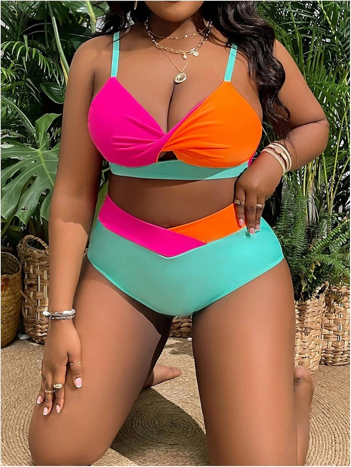Women's Plus Size 2 Piece Bikini Set High Waisted Bikini Twist Front Swimsuit Cut Out Ruched Bathing Suit Beachwear