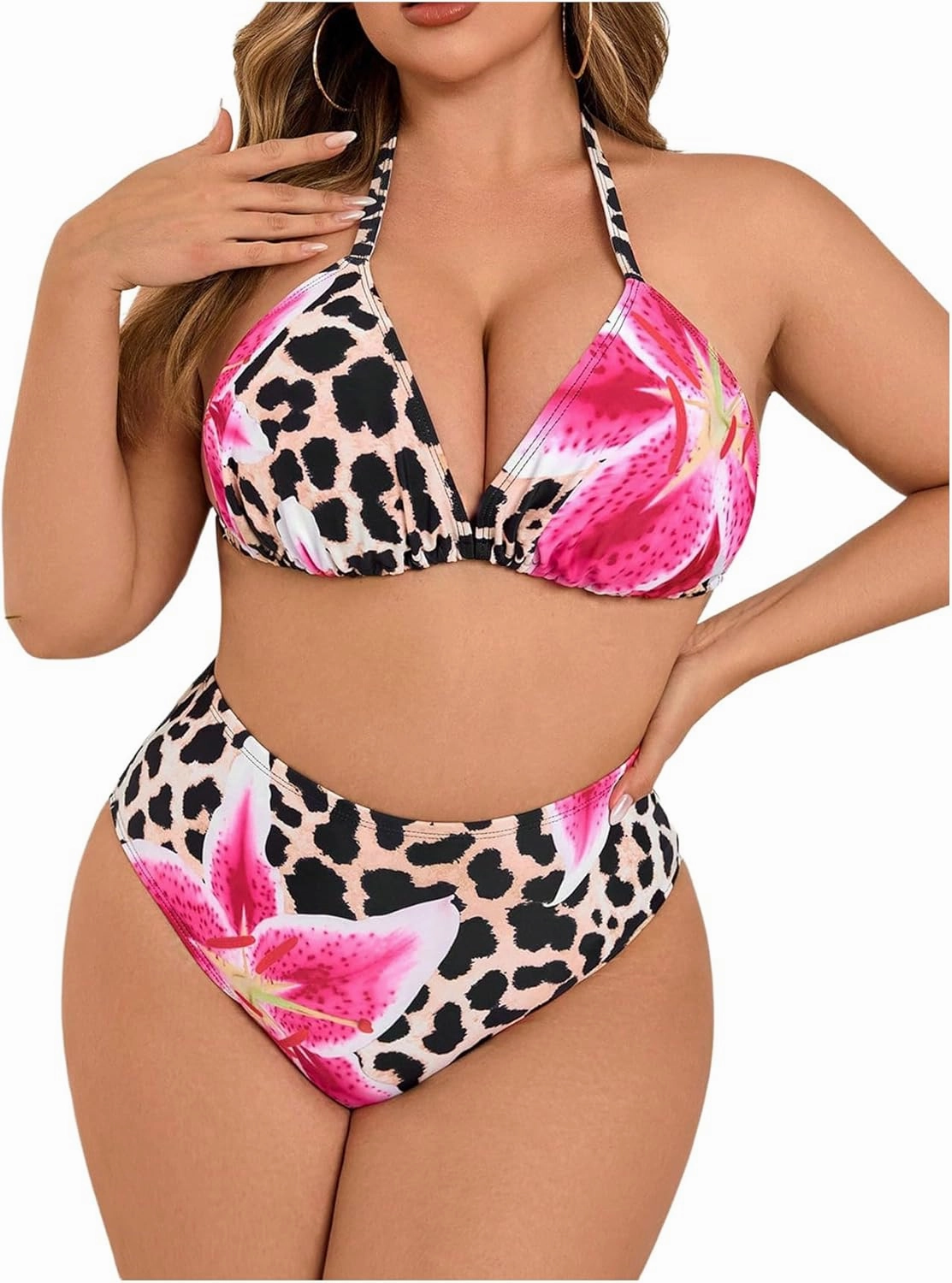 Women's Plus Size 2 Piece Floral Bikini Set Leopard Triangle Bikini Cheetah High Waisted Bathing Suit String Swimsuit