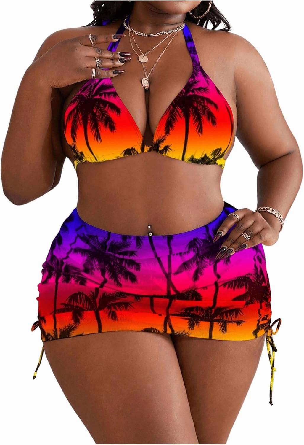 Women's Plus Size 4 Piece Bikini Set Tropical Triangle Bikini High Wasited Swimsuit with Cover Up Skirt and Headband