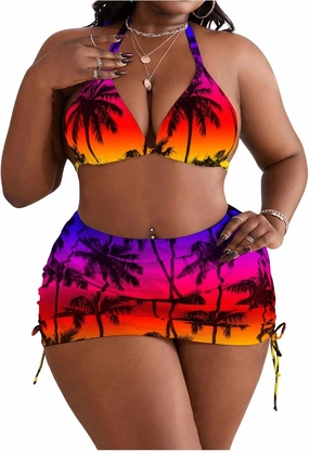 Women's Plus Size 4 Piece Bikini Set Tropical Triangle Bikini High Wasited Swimsuit with Cover Up Skirt and Headband
