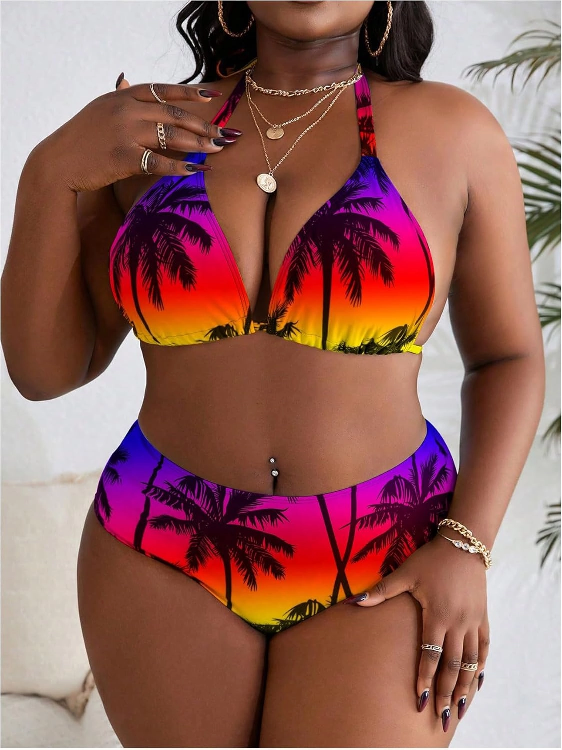Women's Plus Size 4 Piece Bikini Set Tropical Triangle Bikini High Wasited Swimsuit with Cover Up Skirt and Headband