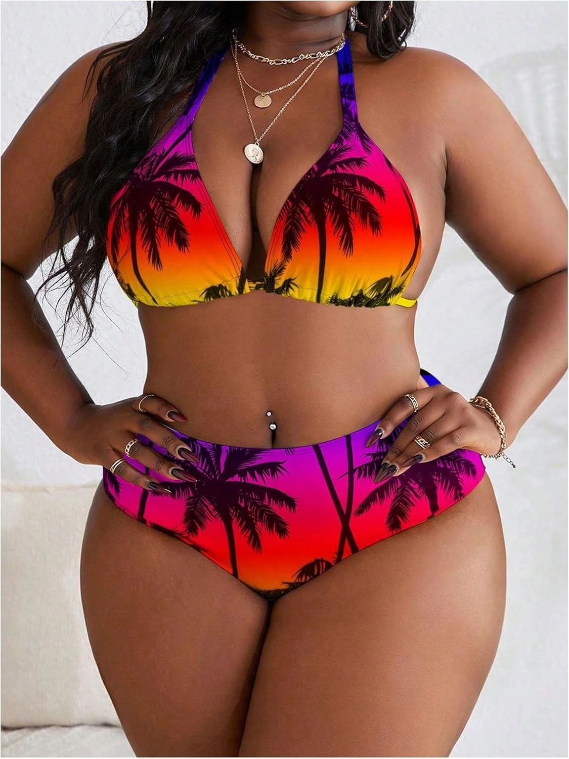 Women's Plus Size 4 Piece Bikini Set Tropical Triangle Bikini High Wasited Swimsuit with Cover Up Skirt and Headband