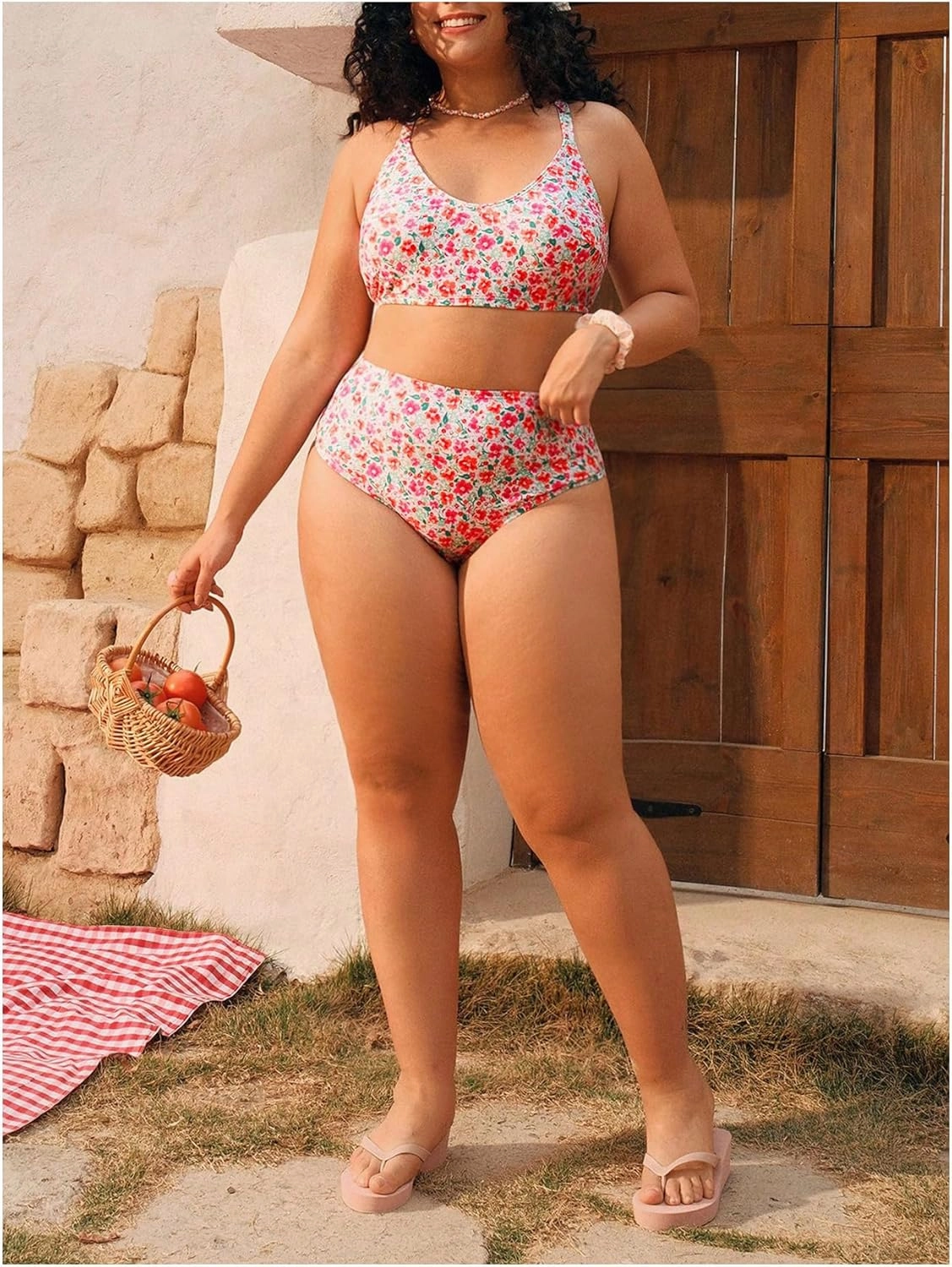 Women's Plus Size Bikini Sets 2 Piece Floral Crisscross Bathing Suit Tie Backless High Waist Swimsuit