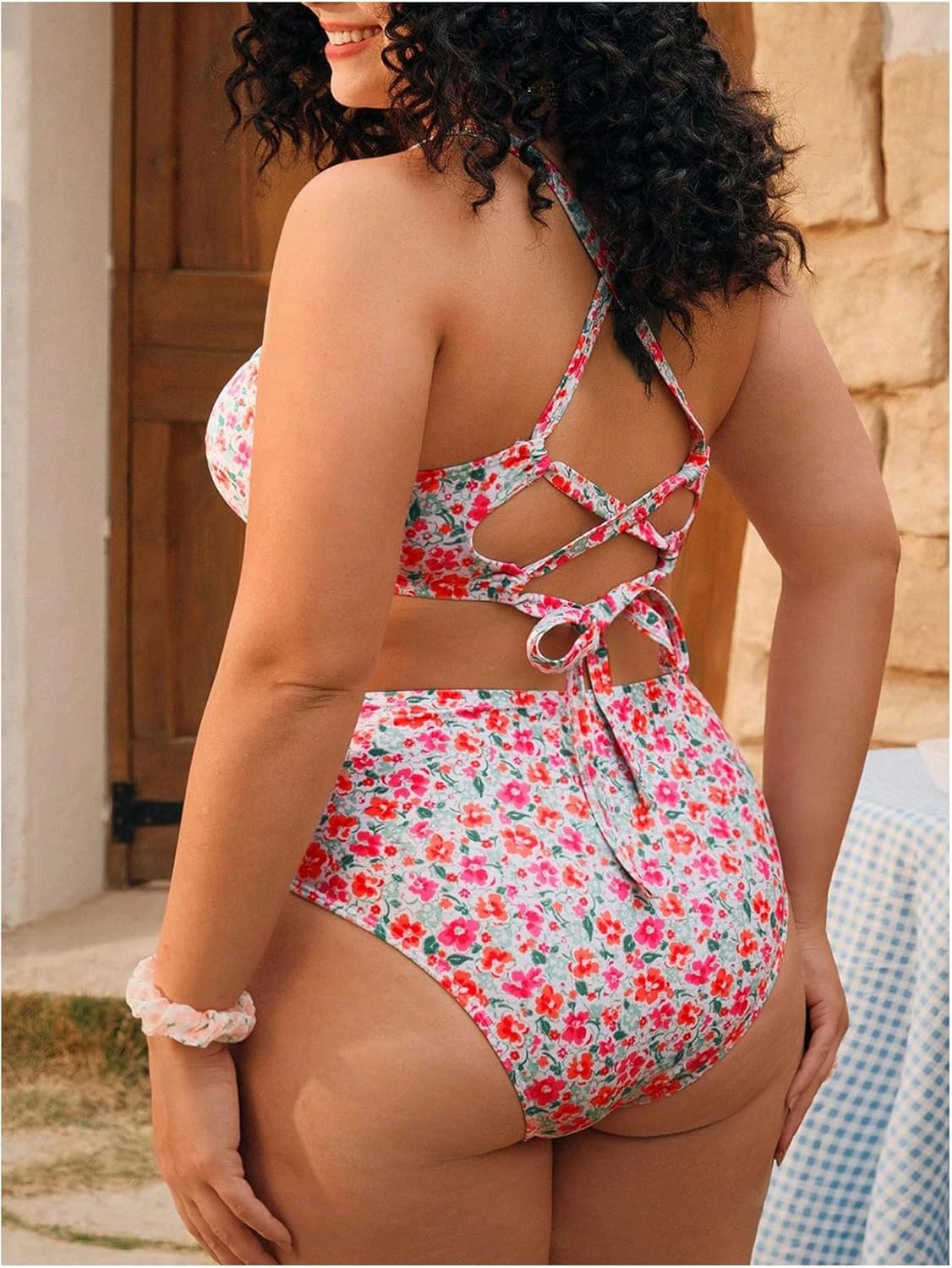 Women's Plus Size Bikini Sets 2 Piece Floral Crisscross Bathing Suit Tie Backless High Waist Swimsuit