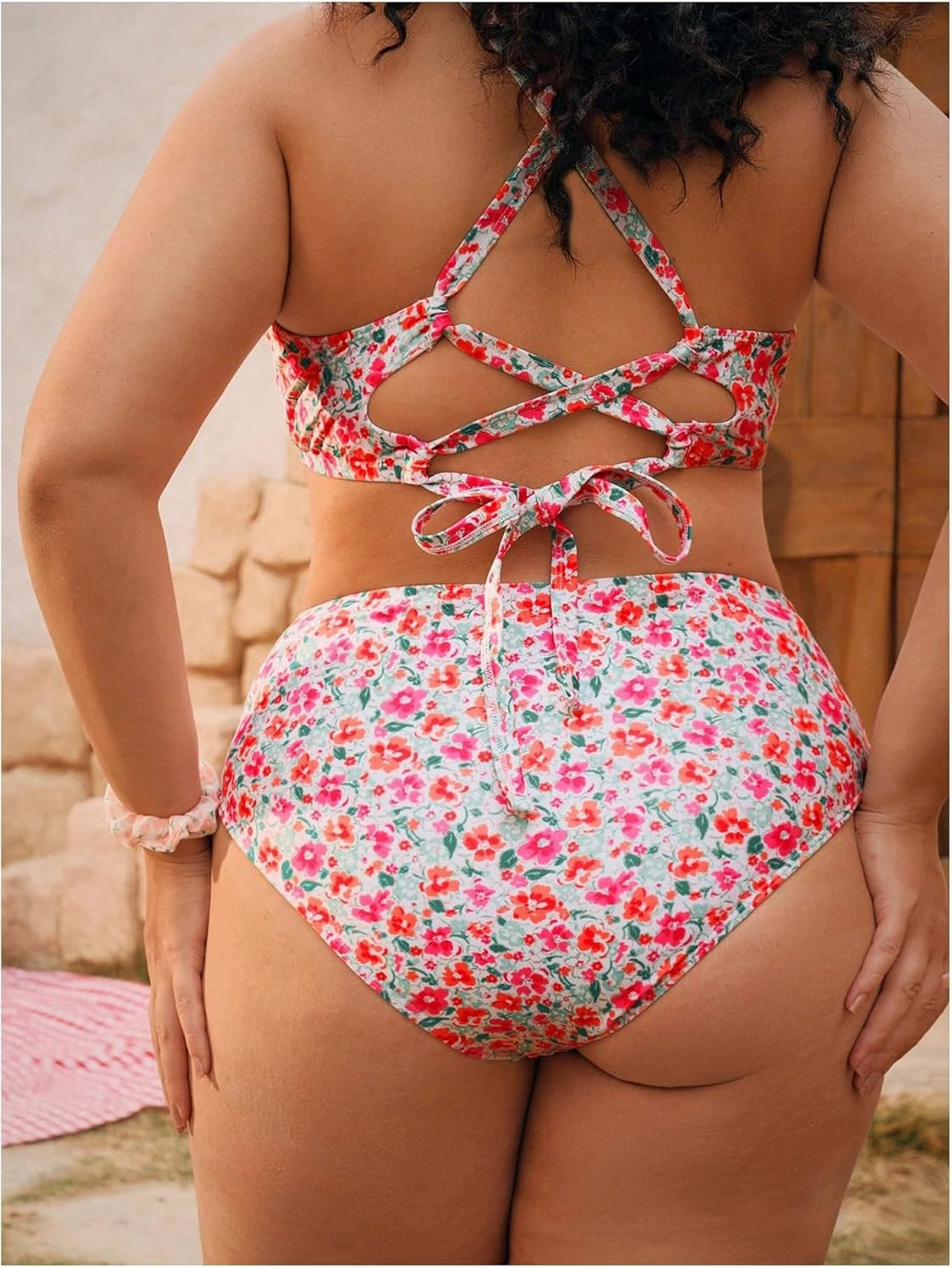 Women's Plus Size Bikini Sets 2 Piece Floral Crisscross Bathing Suit Tie Backless High Waist Swimsuit