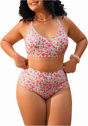Women's Plus Size Bikini Sets 2 Piece Floral Crisscross Bathing Suit Tie Backless High Waist Swimsuit