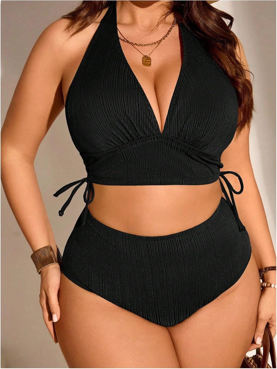 Women's Plus Size Bikini Sets Tie Side Backless Halter Swimsuit High Waisted Bathing Suit
