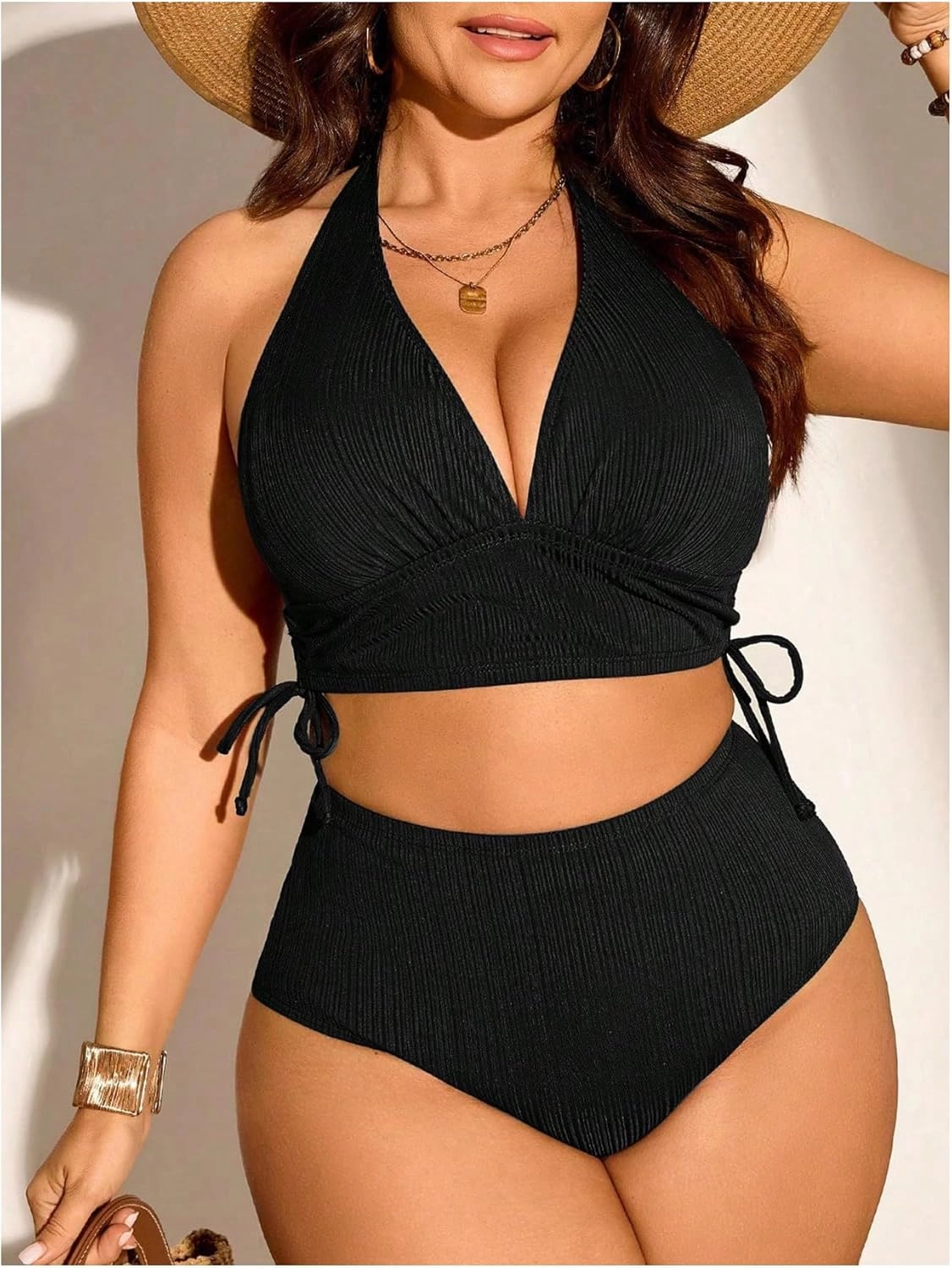 Women's Plus Size Bikini Sets Tie Side Backless Halter Swimsuit High Waisted Bathing Suit