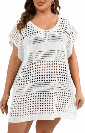 Women's Plus Size Crochet Cover Ups Swimwear V Neck Hollow Out Beachwear Tops