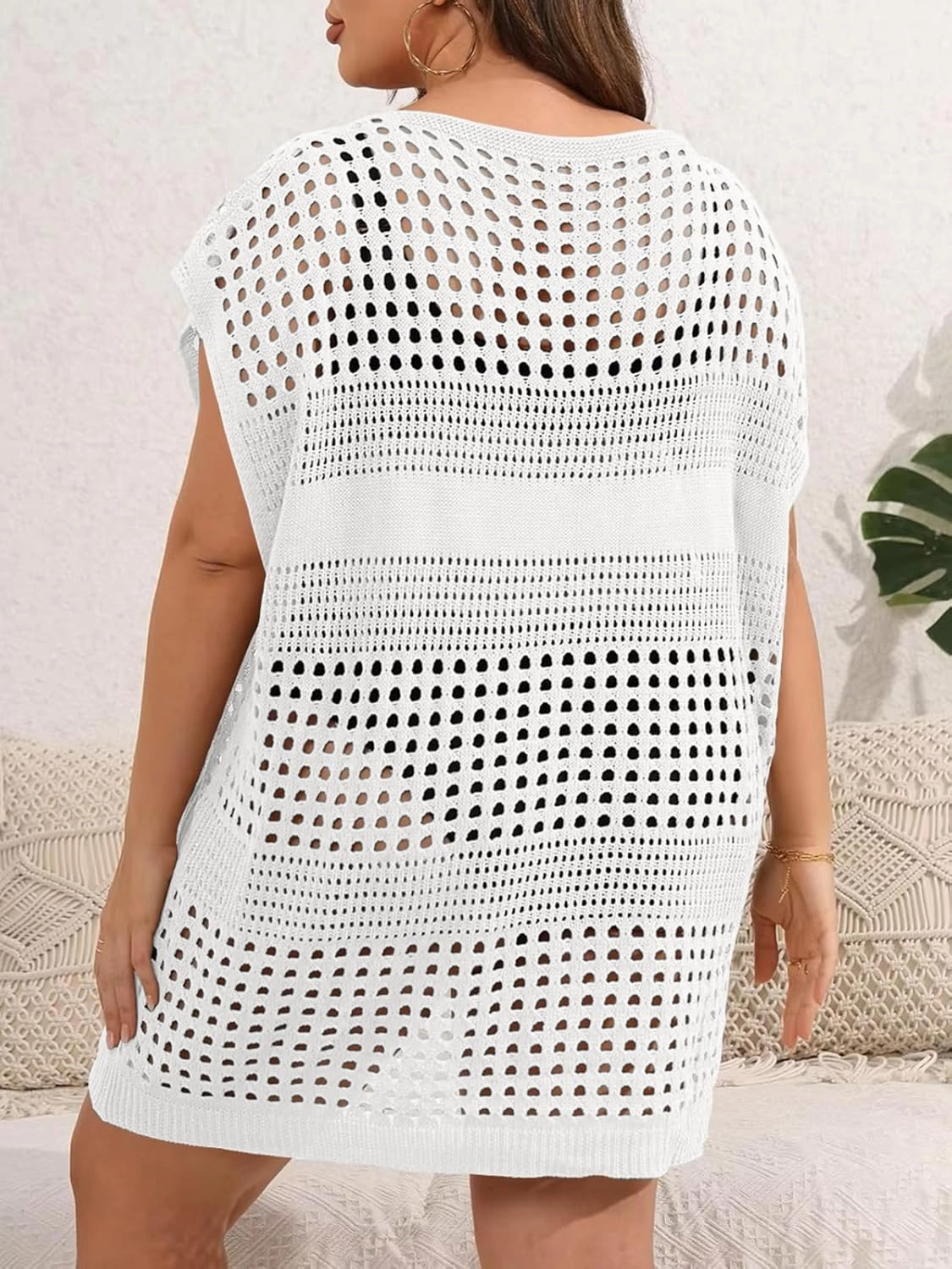 Women's Plus Size Crochet Cover Ups Swimwear V Neck Hollow Out Beachwear Tops