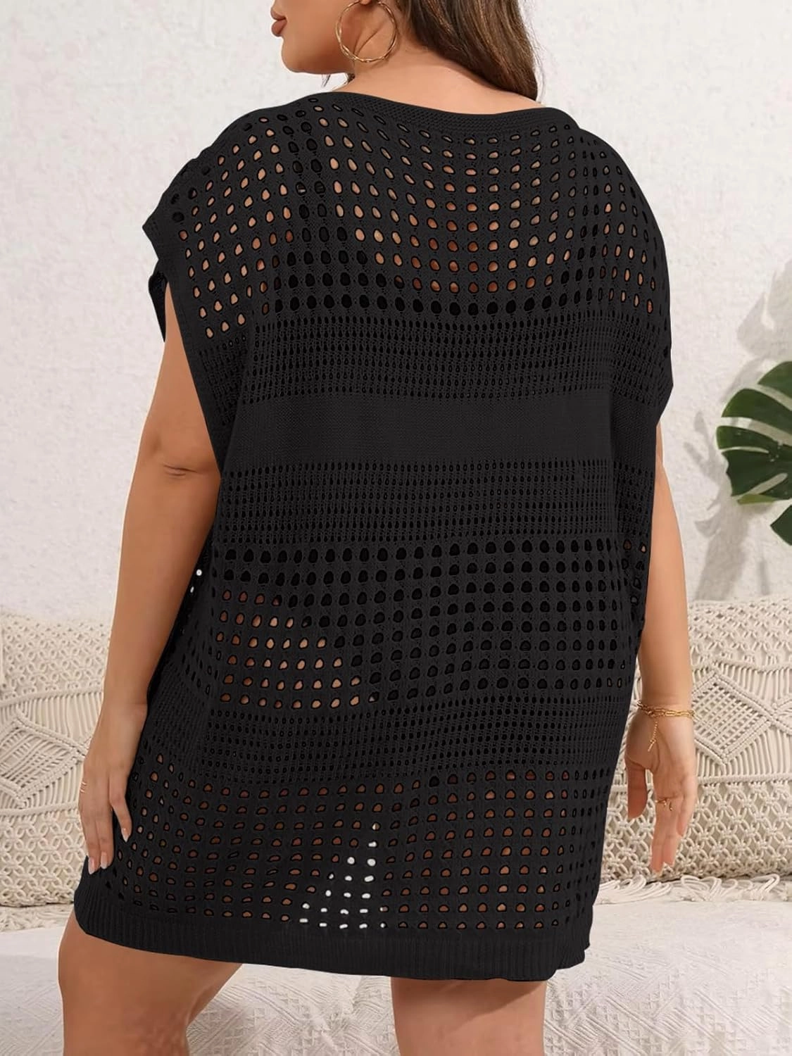 Women's Plus Size Crochet Cover Ups Swimwear V Neck Hollow Out Beachwear Tops