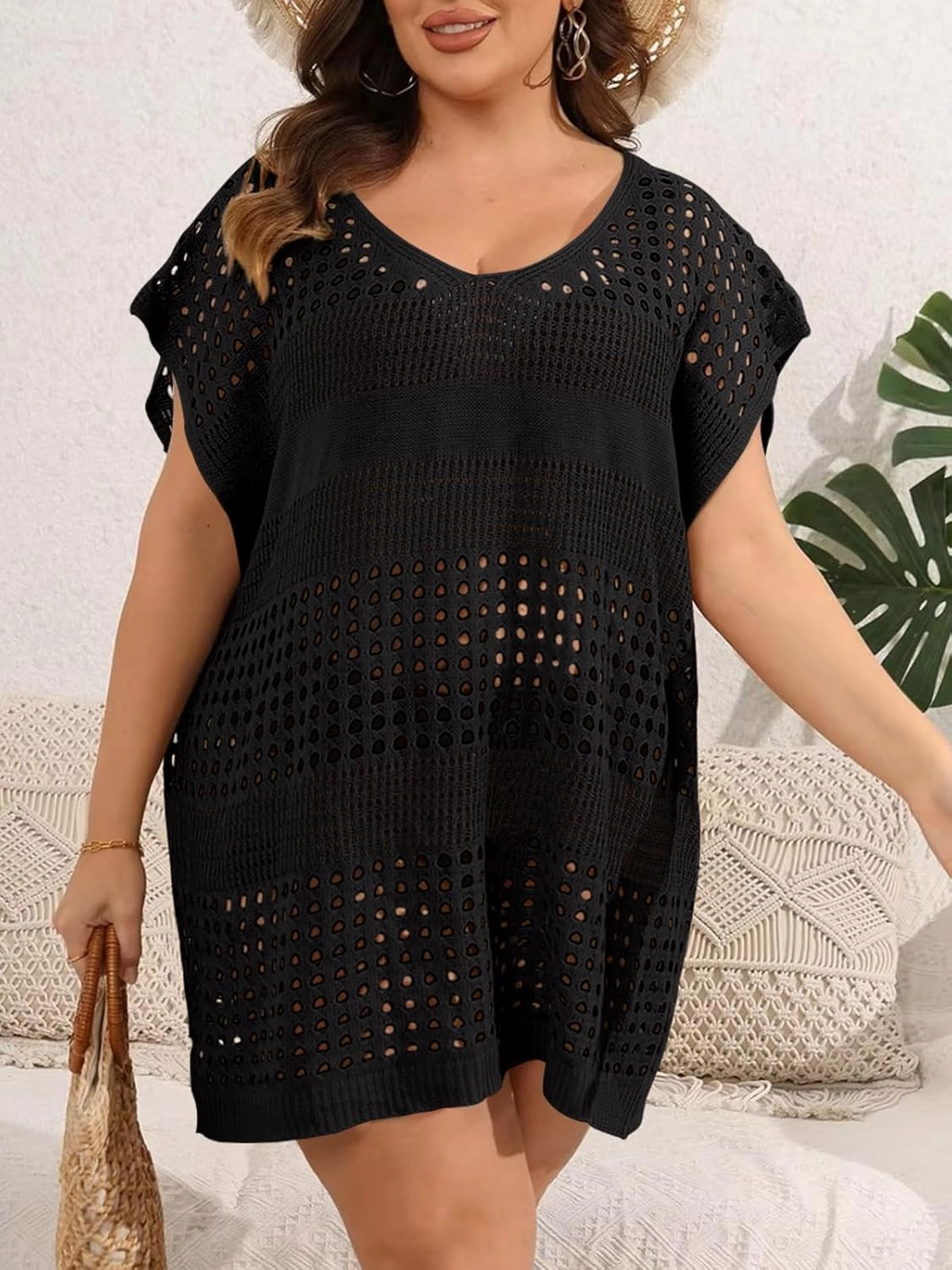 Women's Plus Size Crochet Cover Ups Swimwear V Neck Hollow Out Beachwear Tops