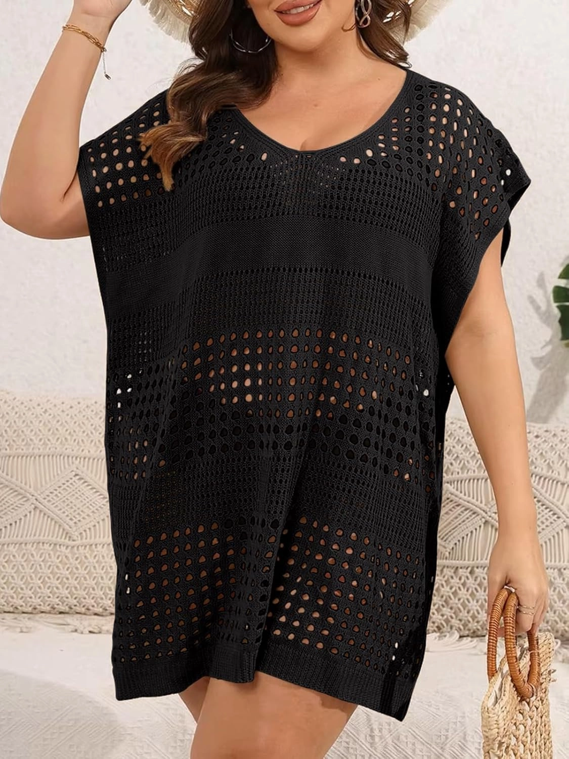 Women's Plus Size Crochet Cover Ups Swimwear V Neck Hollow Out Beachwear Tops