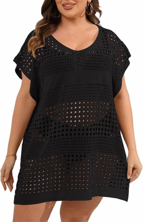 Women's Plus Size Crochet Cover Ups Swimwear V Neck Hollow Out Beachwear Tops