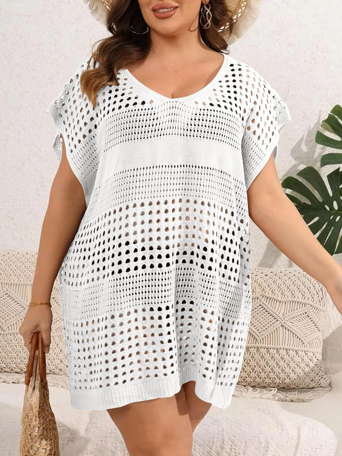 Women's Plus Size Crochet Cover Ups Swimwear V Neck Hollow Out Beachwear Tops