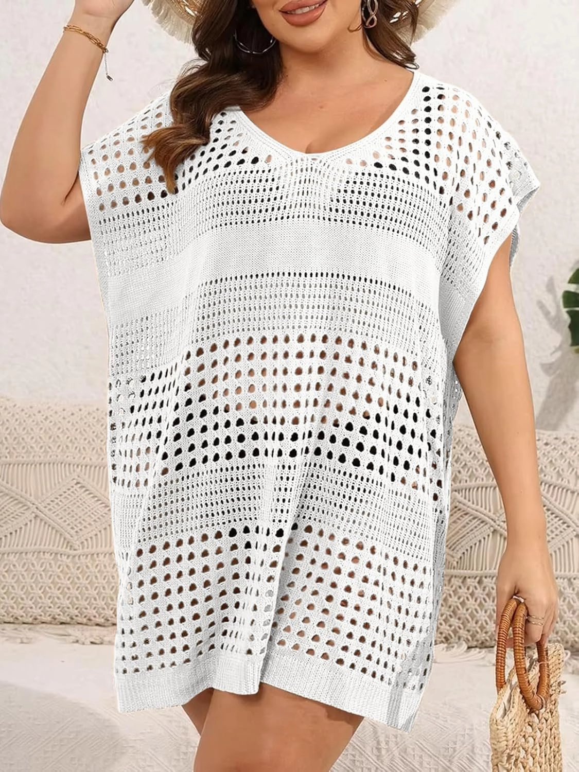 Women's Plus Size Crochet Cover Ups Swimwear V Neck Hollow Out Beachwear Tops