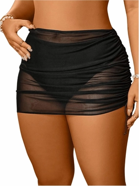 Women's Plus Size Drawstring Sheer Mesh Cover Up Skirt Ruched Side Cover Ups