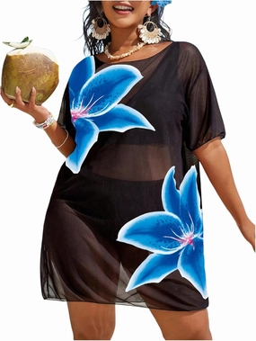 Women's Plus Size Floral Cover Up Dress Crew Neck Short Sleeve Sheer Beach Coverup Dress