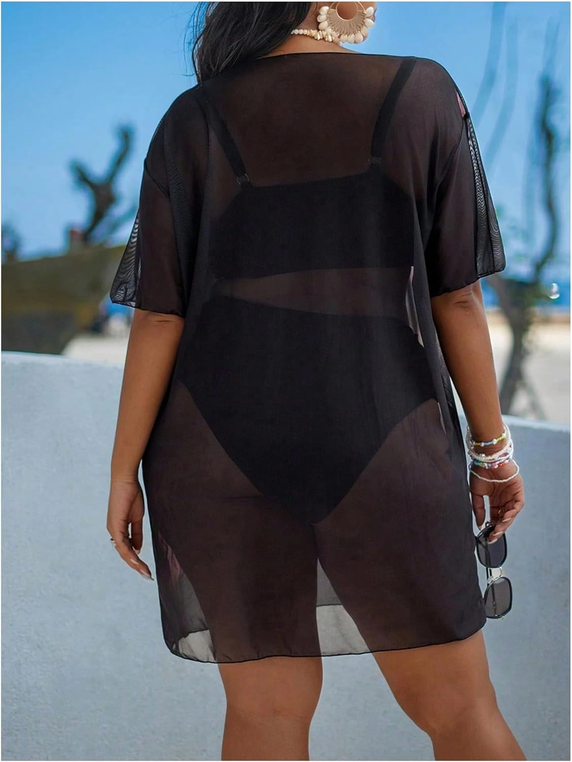Women's Plus Size Floral Cover Up Dress Crew Neck Short Sleeve Sheer Beach Coverup Dress