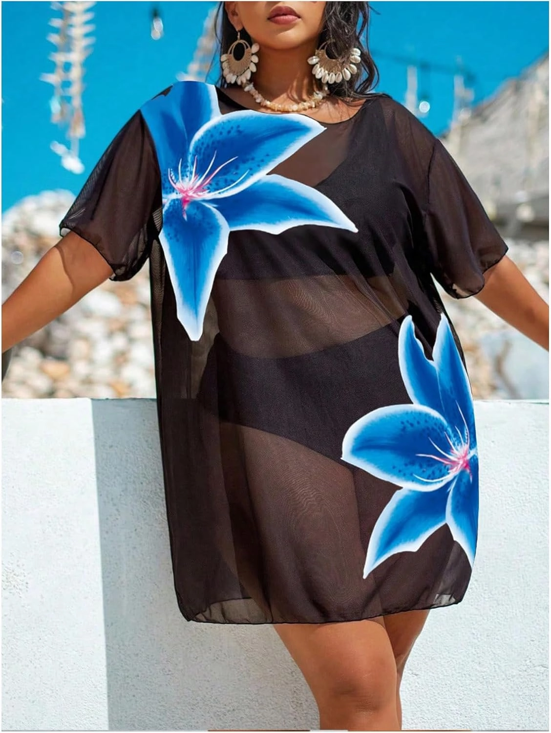 Women's Plus Size Floral Cover Up Dress Crew Neck Short Sleeve Sheer Beach Coverup Dress