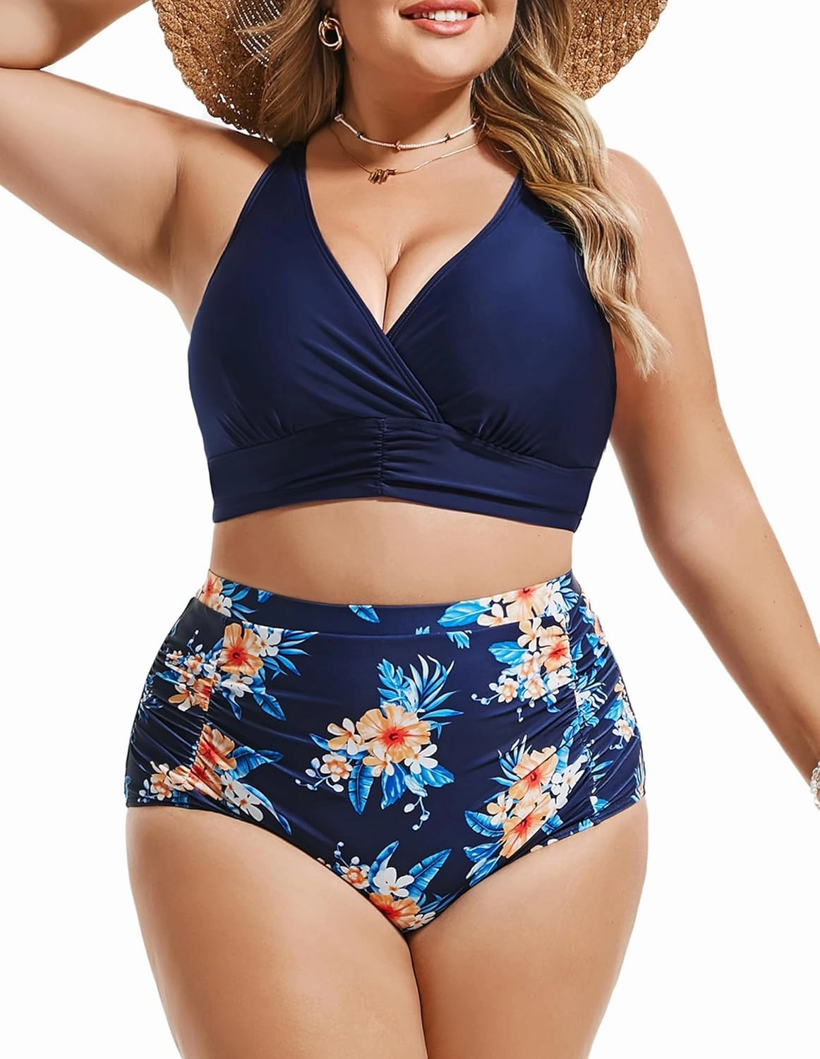 Women's Plus Size Halter V Neck Bikini Swimsuits High Waisted Ruched Tummy Control Swimwear