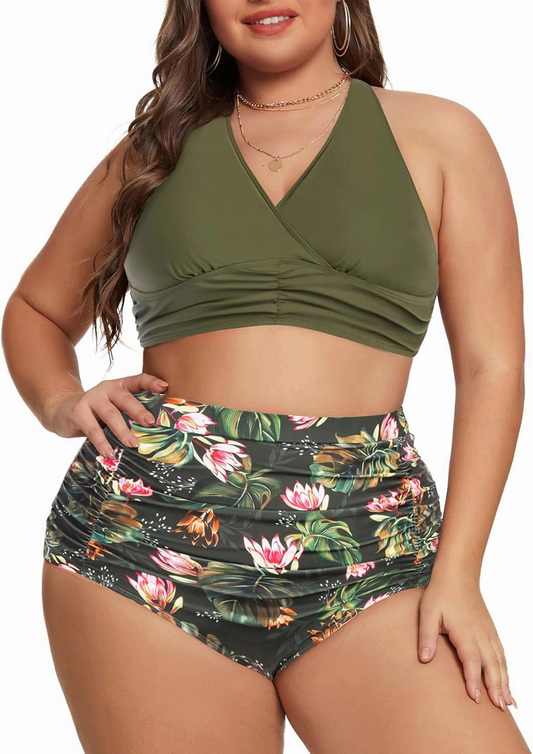 Women's Plus Size Halter V Neck Bikini Swimsuits High Waisted Ruched Tummy Control Swimwear