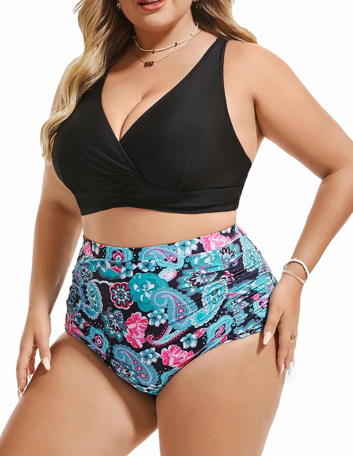Women's Plus Size Halter V Neck Bikini Swimsuits High Waisted Ruched Tummy Control Swimwear