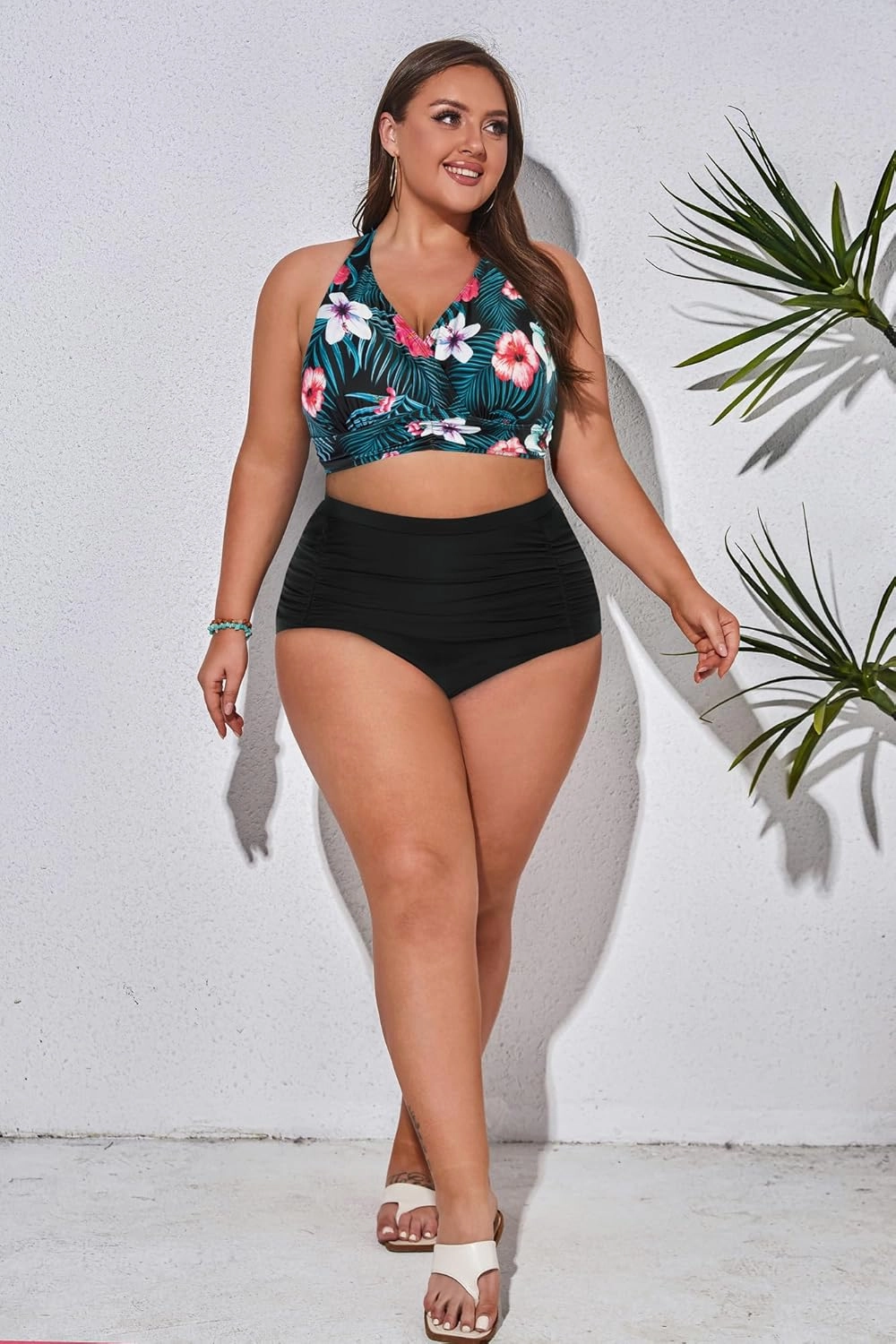 Women's Plus Size Halter V Neck Bikini Swimsuits High Waisted Ruched Tummy Control Swimwear