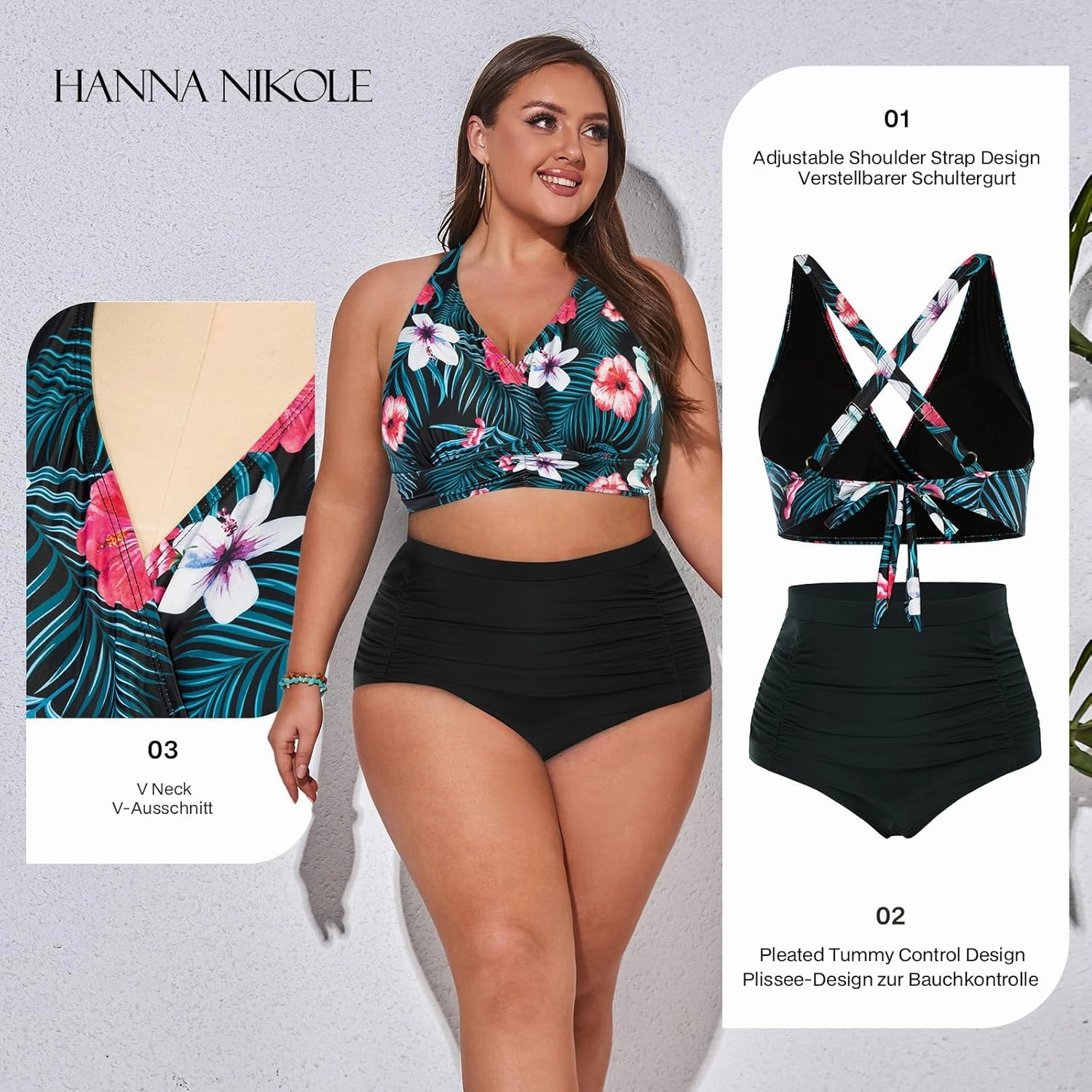 Women's Plus Size Halter V Neck Bikini Swimsuits High Waisted Ruched Tummy Control Swimwear