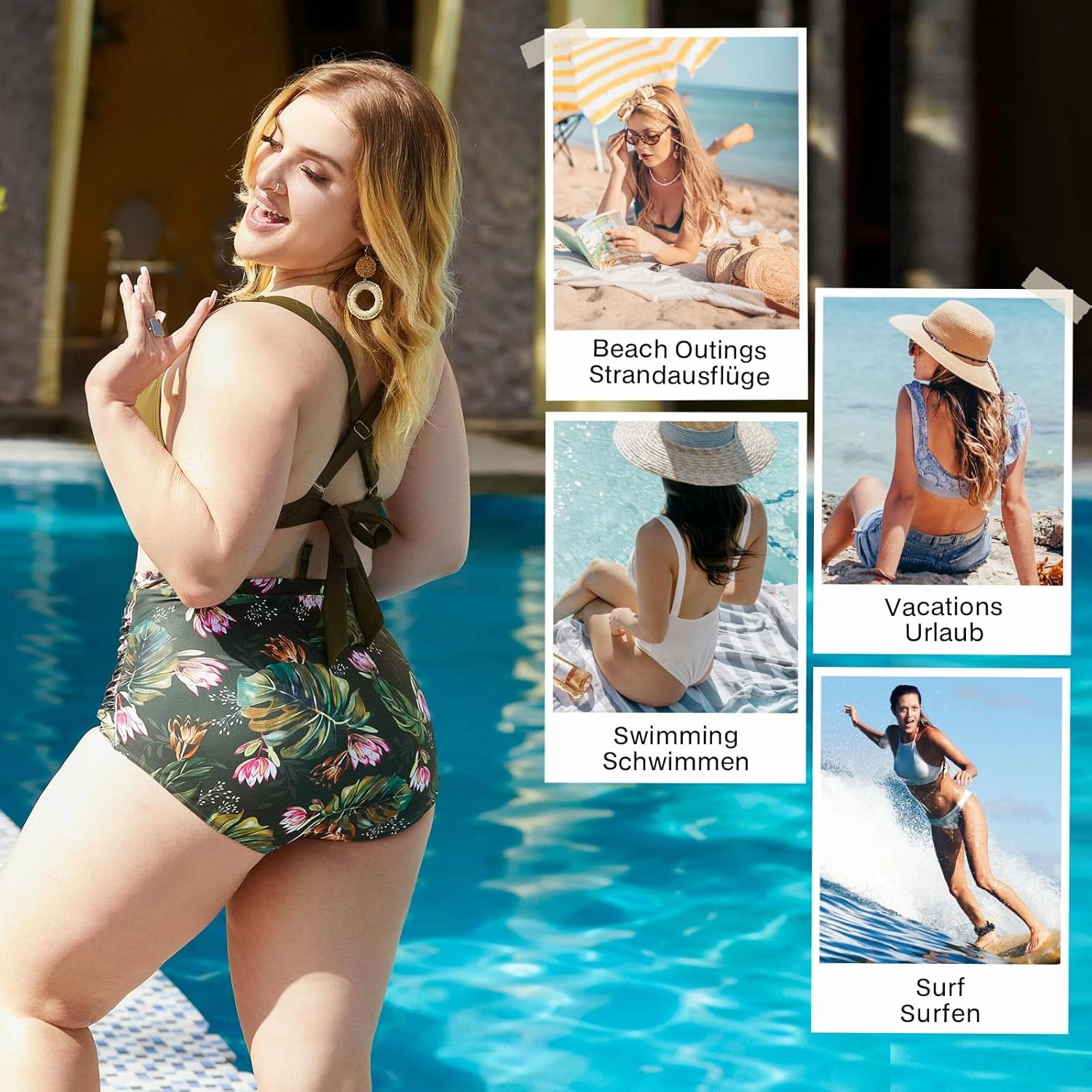 Women's Plus Size Halter V Neck Bikini Swimsuits High Waisted Ruched Tummy Control Swimwear