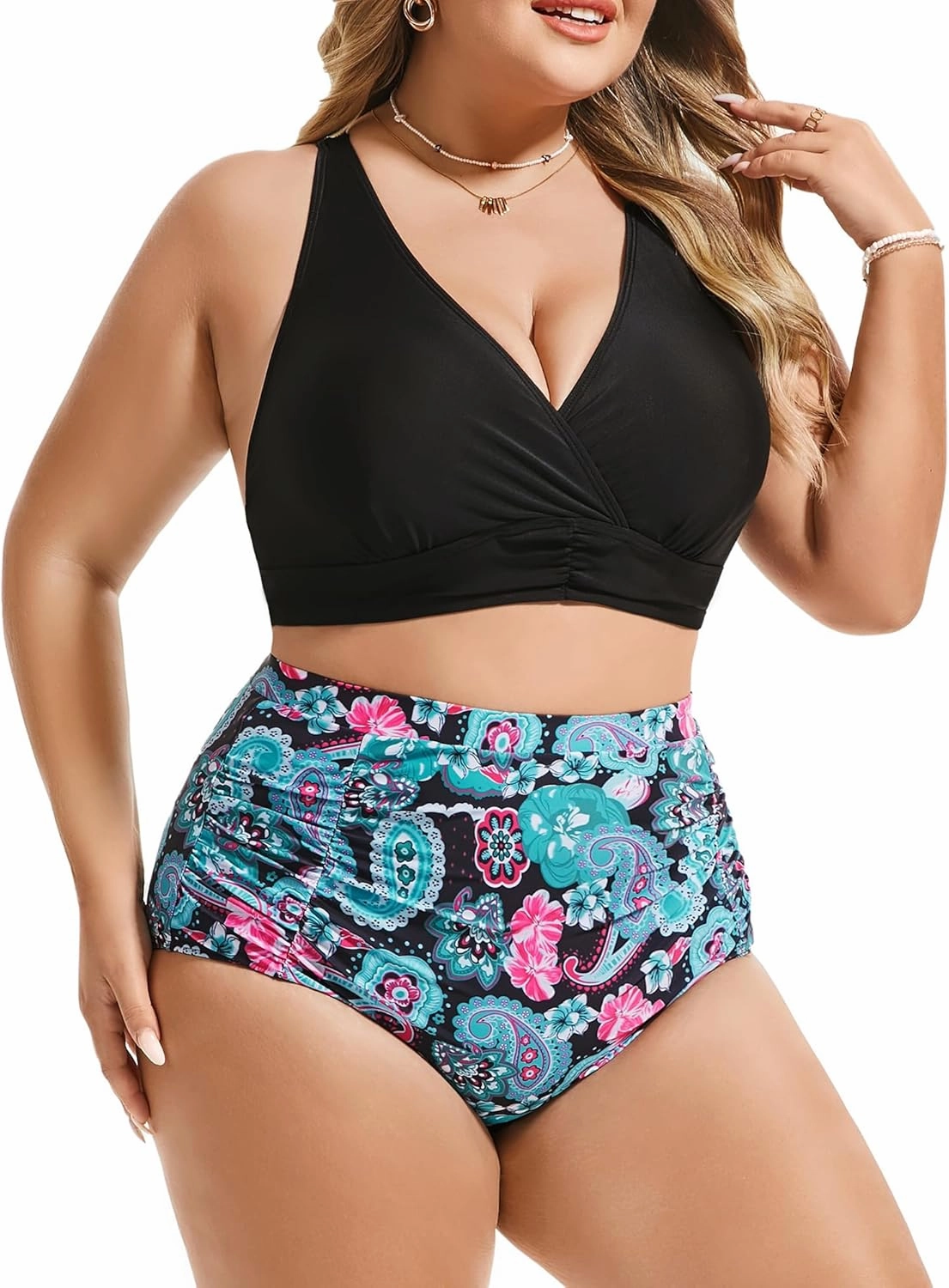 Women's Plus Size Halter V Neck Bikini Swimsuits High Waisted Ruched Tummy Control Swimwear