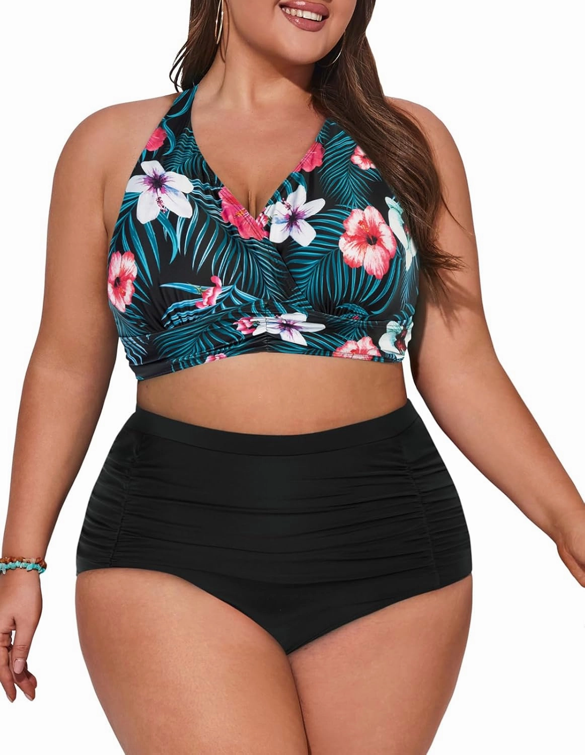 Women's Plus Size Halter V Neck Bikini Swimsuits High Waisted Ruched Tummy Control Swimwear