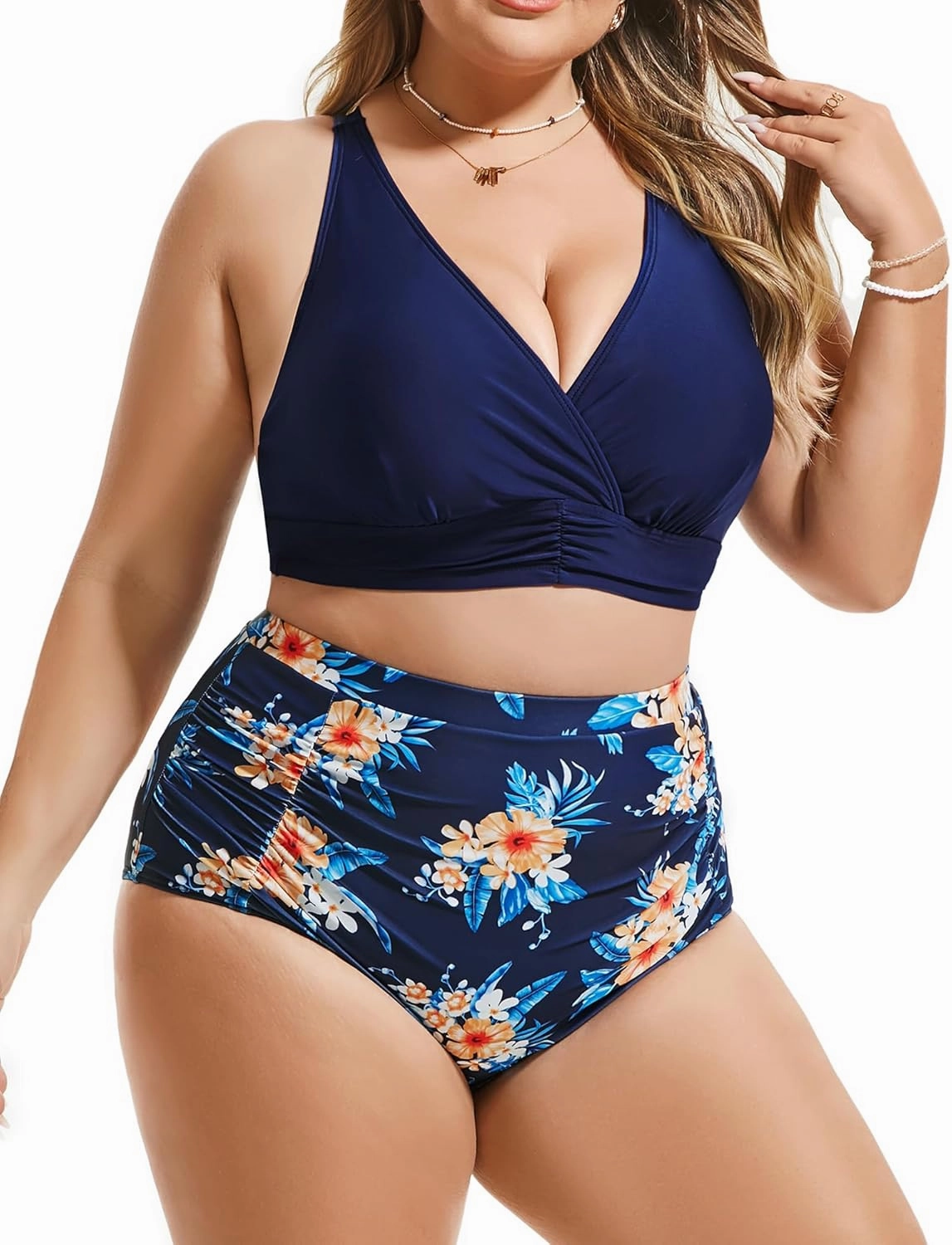 Women's Plus Size Halter V Neck Bikini Swimsuits High Waisted Ruched Tummy Control Swimwear
