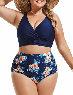 Women's Plus Size Halter V Neck Bikini Swimsuits High Waisted Ruched Tummy Control Swimwear