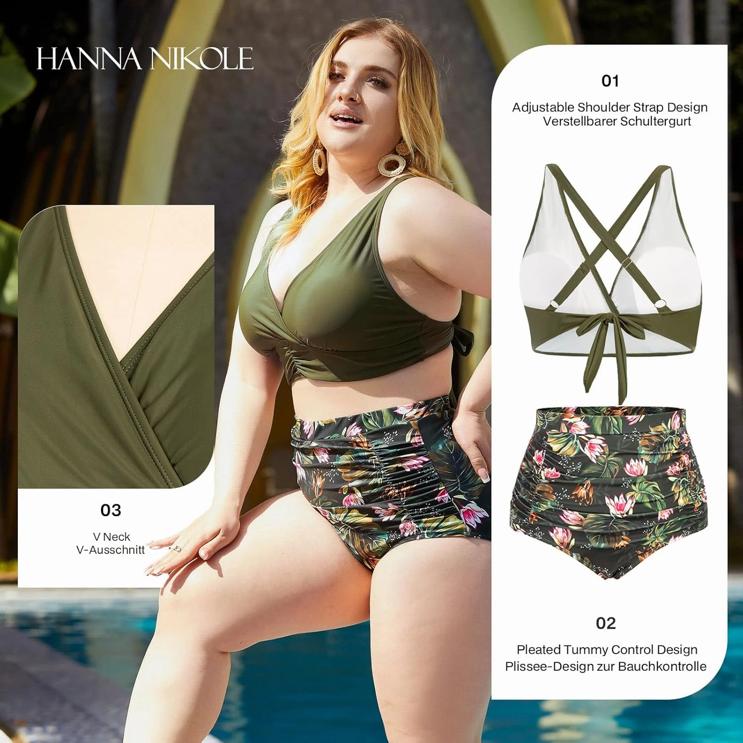 Women's Plus Size Halter V Neck Bikini Swimsuits High Waisted Ruched Tummy Control Swimwear