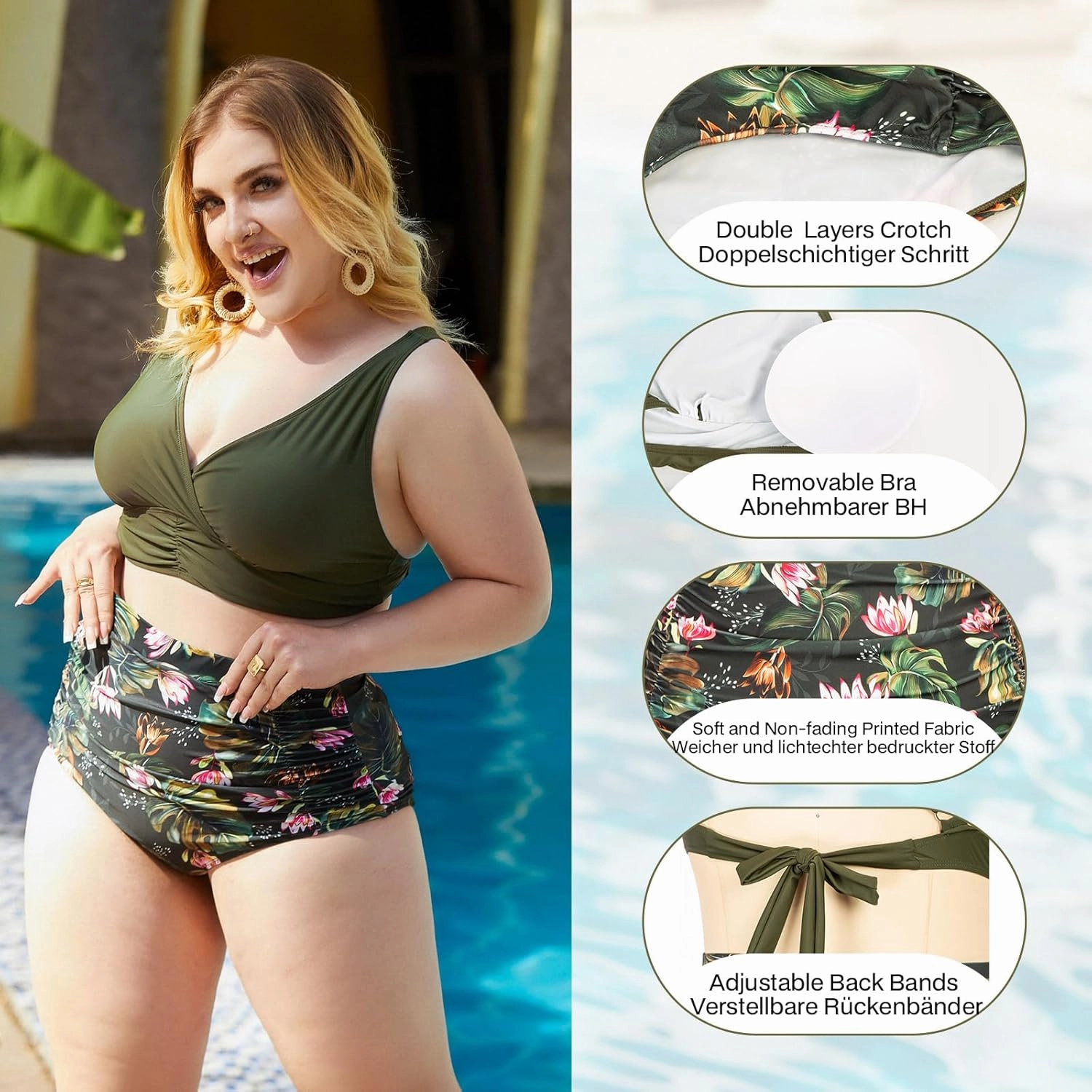 Women's Plus Size Halter V Neck Bikini Swimsuits High Waisted Ruched Tummy Control Swimwear