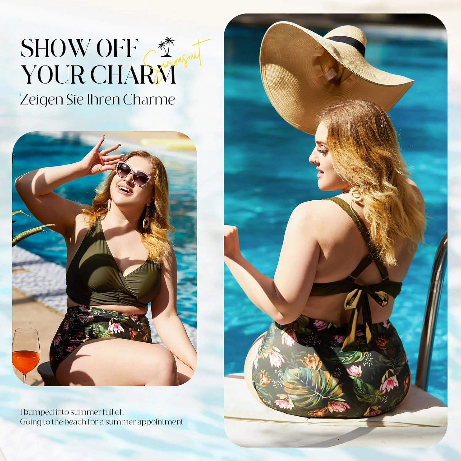 Women's Plus Size Halter V Neck Bikini Swimsuits High Waisted Ruched Tummy Control Swimwear