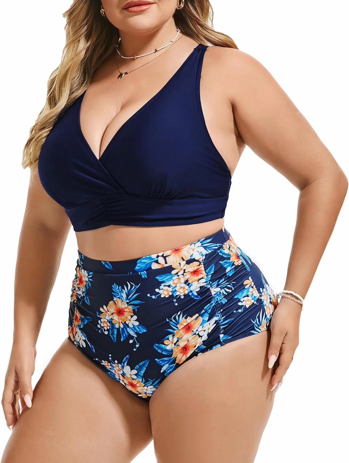 Women's Plus Size Halter V Neck Bikini Swimsuits High Waisted Ruched Tummy Control Swimwear