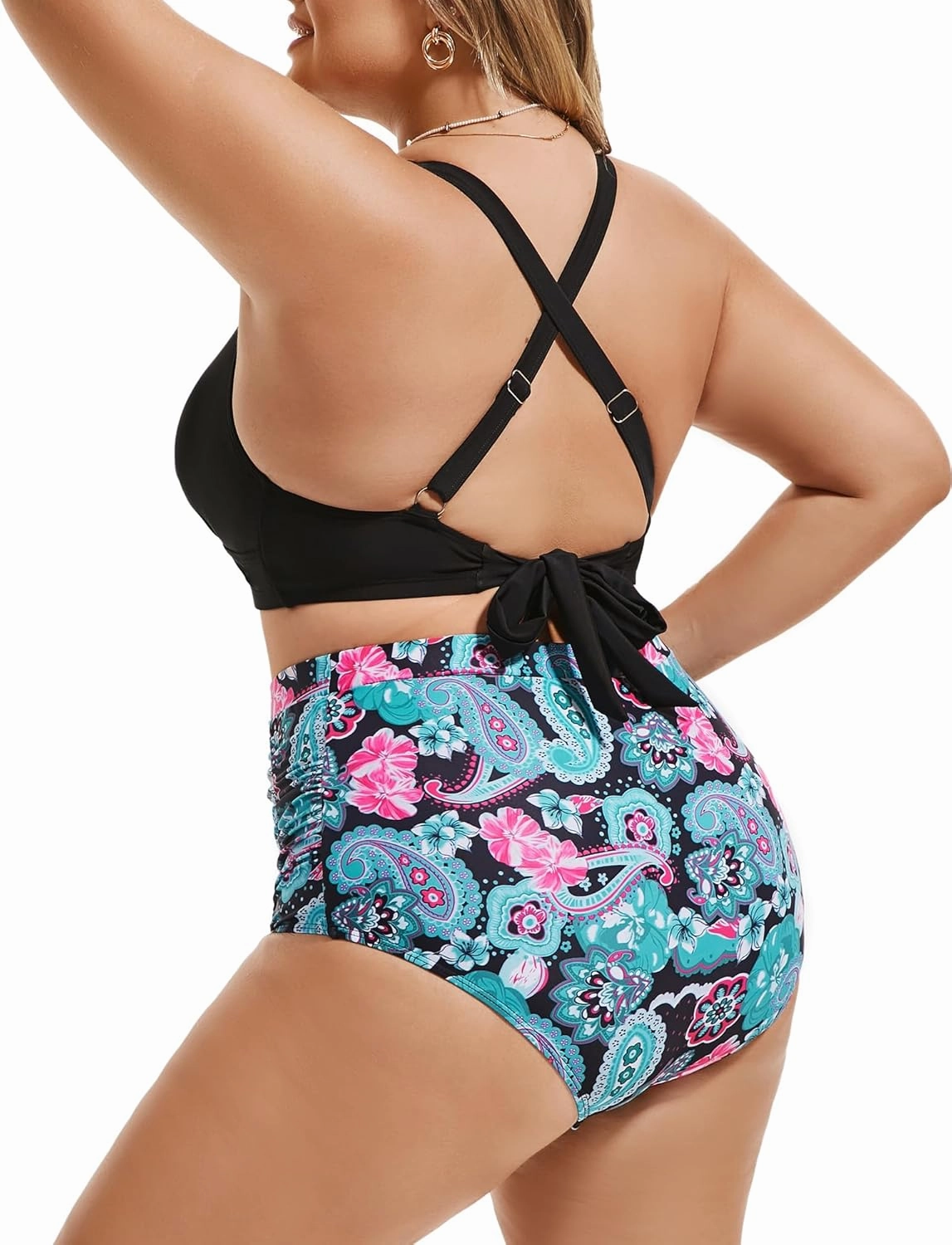 Women's Plus Size Halter V Neck Bikini Swimsuits High Waisted Ruched Tummy Control Swimwear