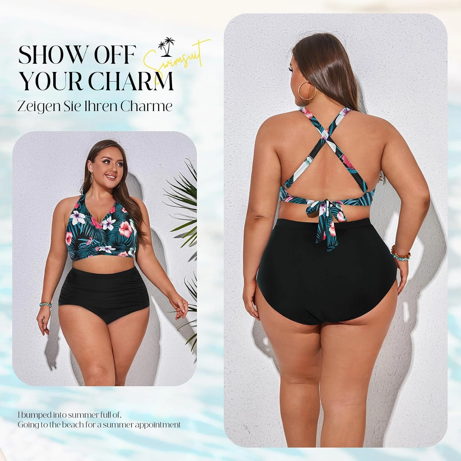 Women's Plus Size Halter V Neck Bikini Swimsuits High Waisted Ruched Tummy Control Swimwear