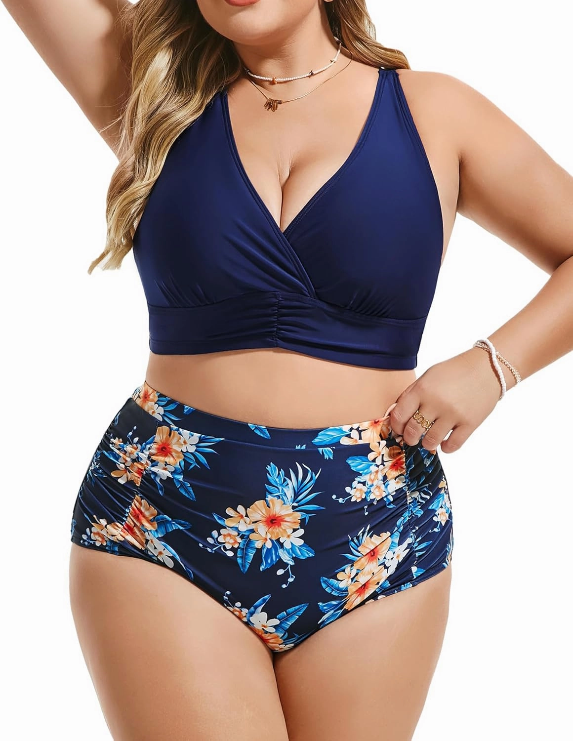 Women's Plus Size Halter V Neck Bikini Swimsuits High Waisted Ruched Tummy Control Swimwear