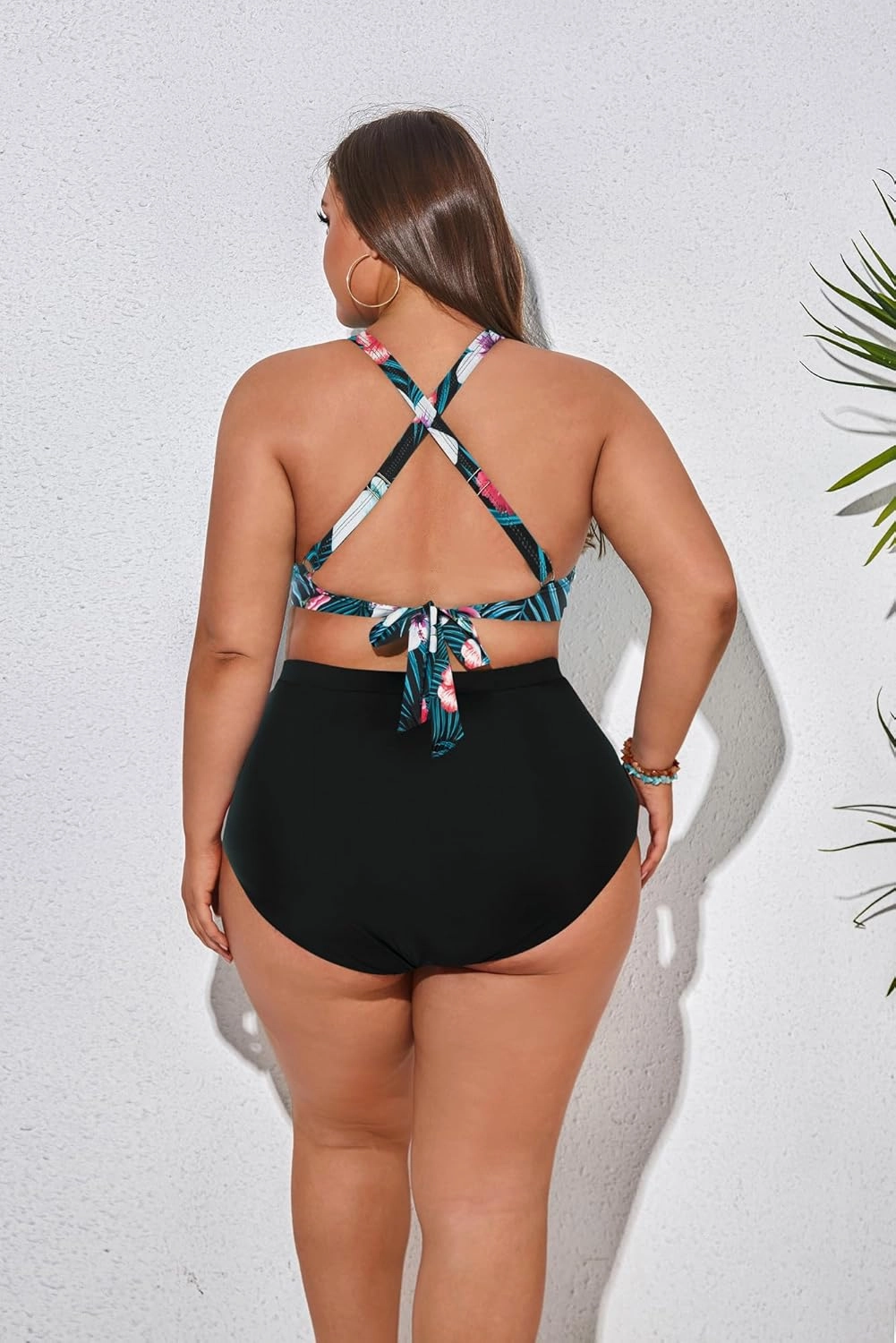 Women's Plus Size Halter V Neck Bikini Swimsuits High Waisted Ruched Tummy Control Swimwear