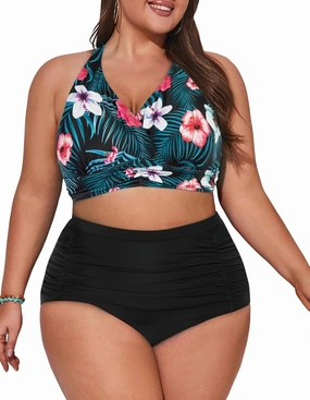 Women's Plus Size Halter V Neck Bikini Swimsuits High Waisted Ruched Tummy Control Swimwear