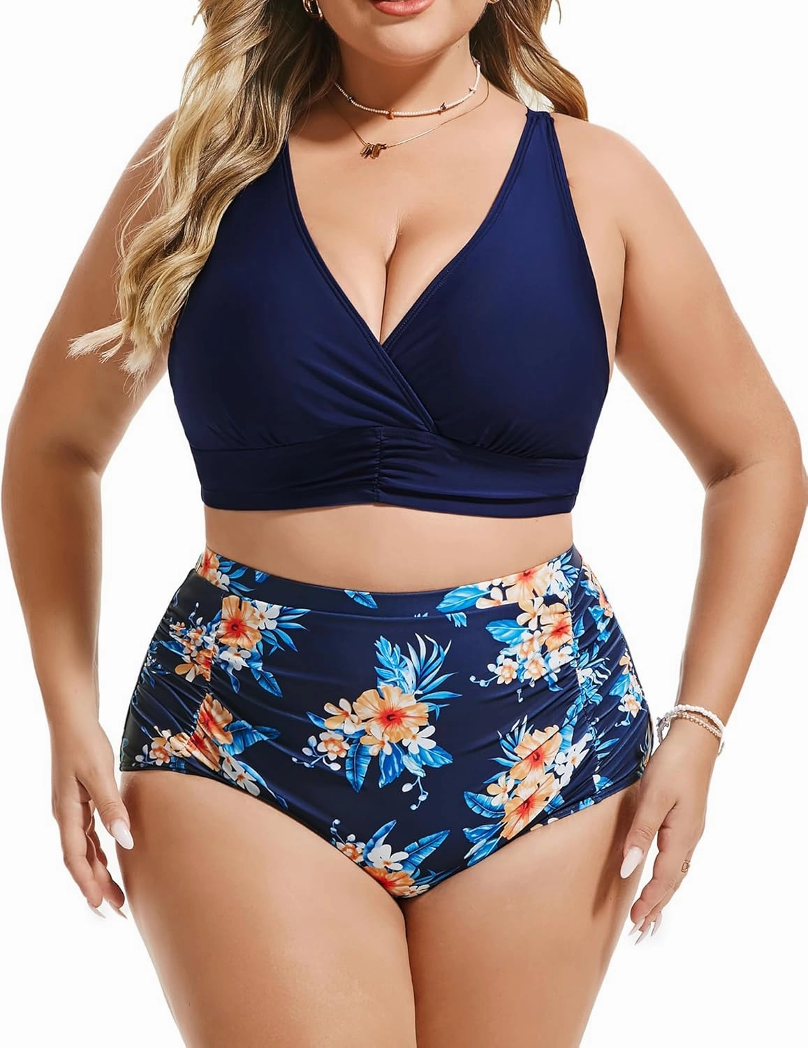 Women's Plus Size Halter V Neck Bikini Swimsuits High Waisted Ruched Tummy Control Swimwear