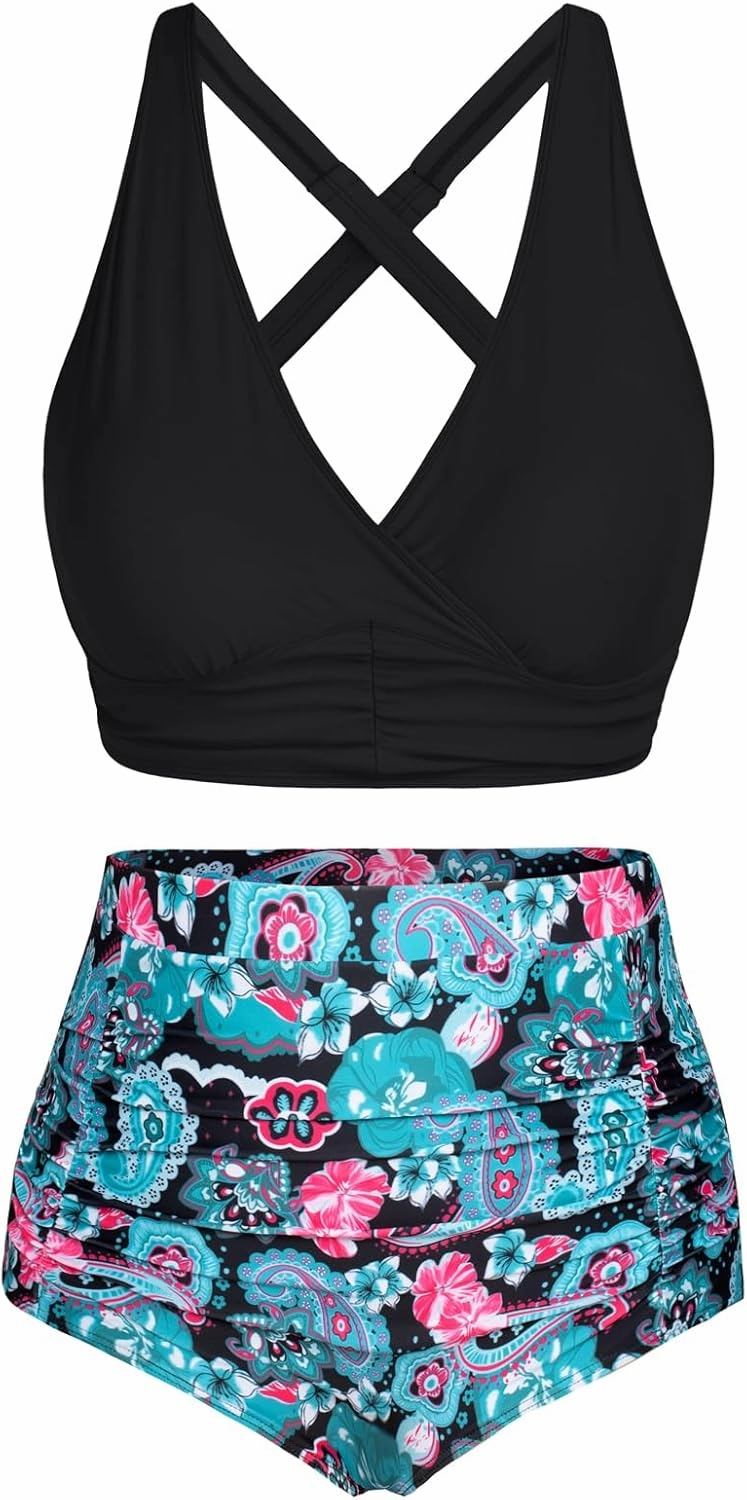 Women's Plus Size Halter V Neck Bikini Swimsuits High Waisted Ruched Tummy Control Swimwear