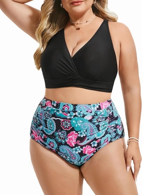 Women's Plus Size Halter V Neck Bikini Swimsuits High Waisted Ruched Tummy Control Swimwear