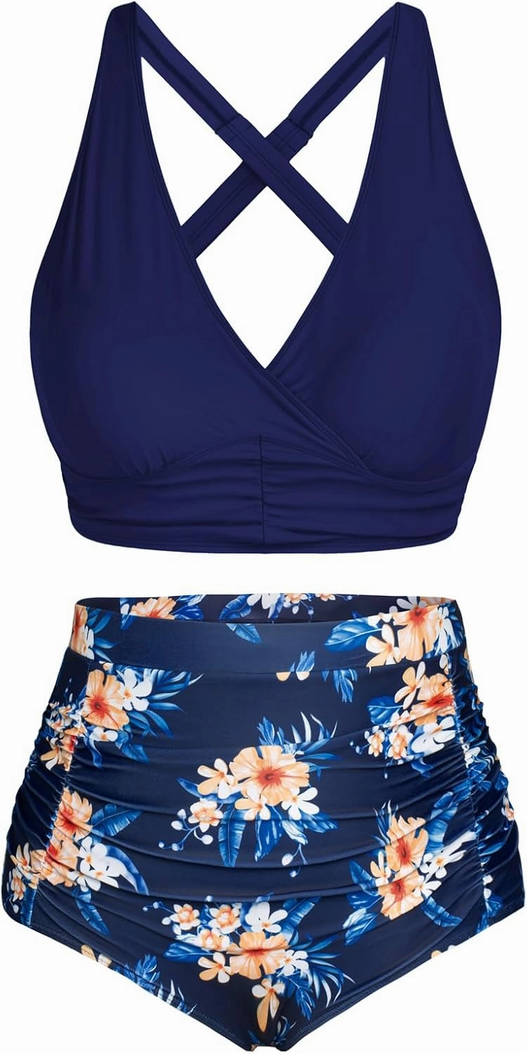 Women's Plus Size Halter V Neck Bikini Swimsuits High Waisted Ruched Tummy Control Swimwear